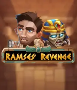 Dive into the thrilling world of the Ramses' Revenge game by Relax Gaming, featuring a frightened explorer and a fierce mummy set against an Egyptian tomb backdrop. This graphic portrays the adventure of Egyptian archaeology, great for adventure seekers, delivering a gripping gaming experience. 